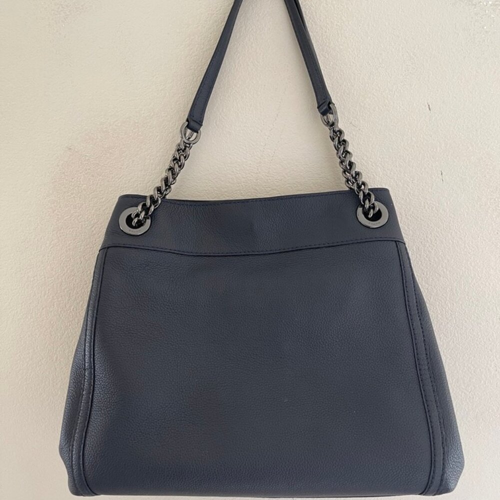 COACH Navy Blue Leather Satchel with Silver Chain Hardware: New with Dust Bag! - Picture 10 of 11